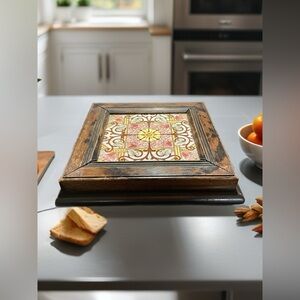 Rustic Wooden Trivet with Colorful Tile